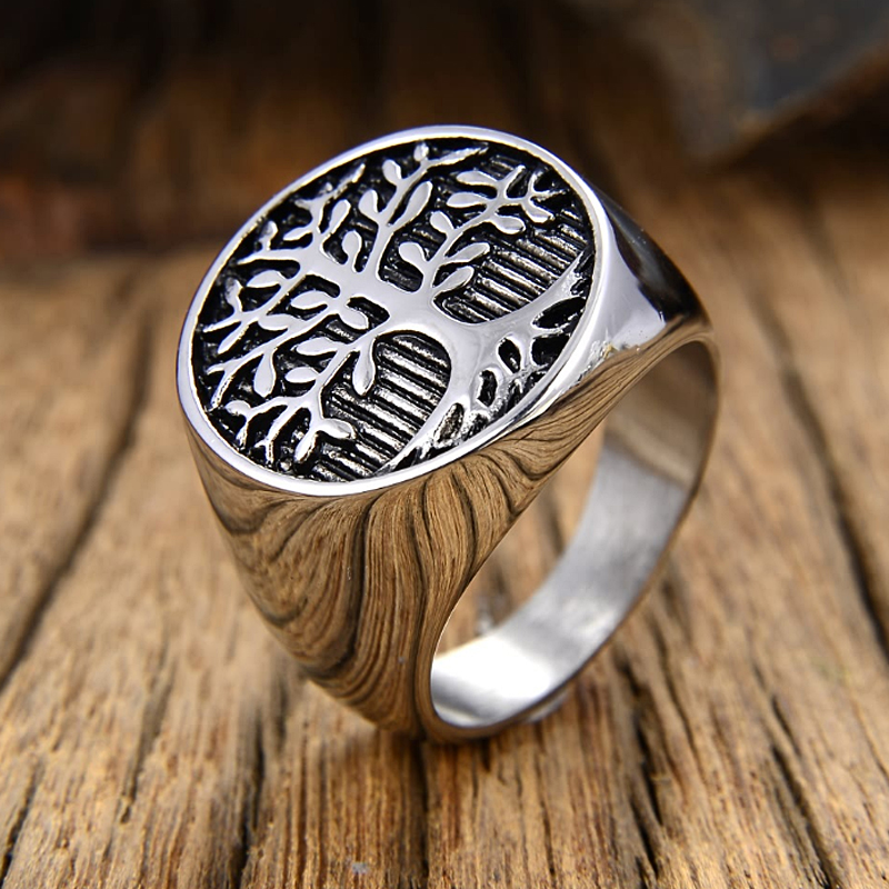Mens Signet Ring - 男性用のクラシックツリー,ゴールド/シルバーカラーのステンレススチールジュエリー,バイカーリング,チャーム,7-15