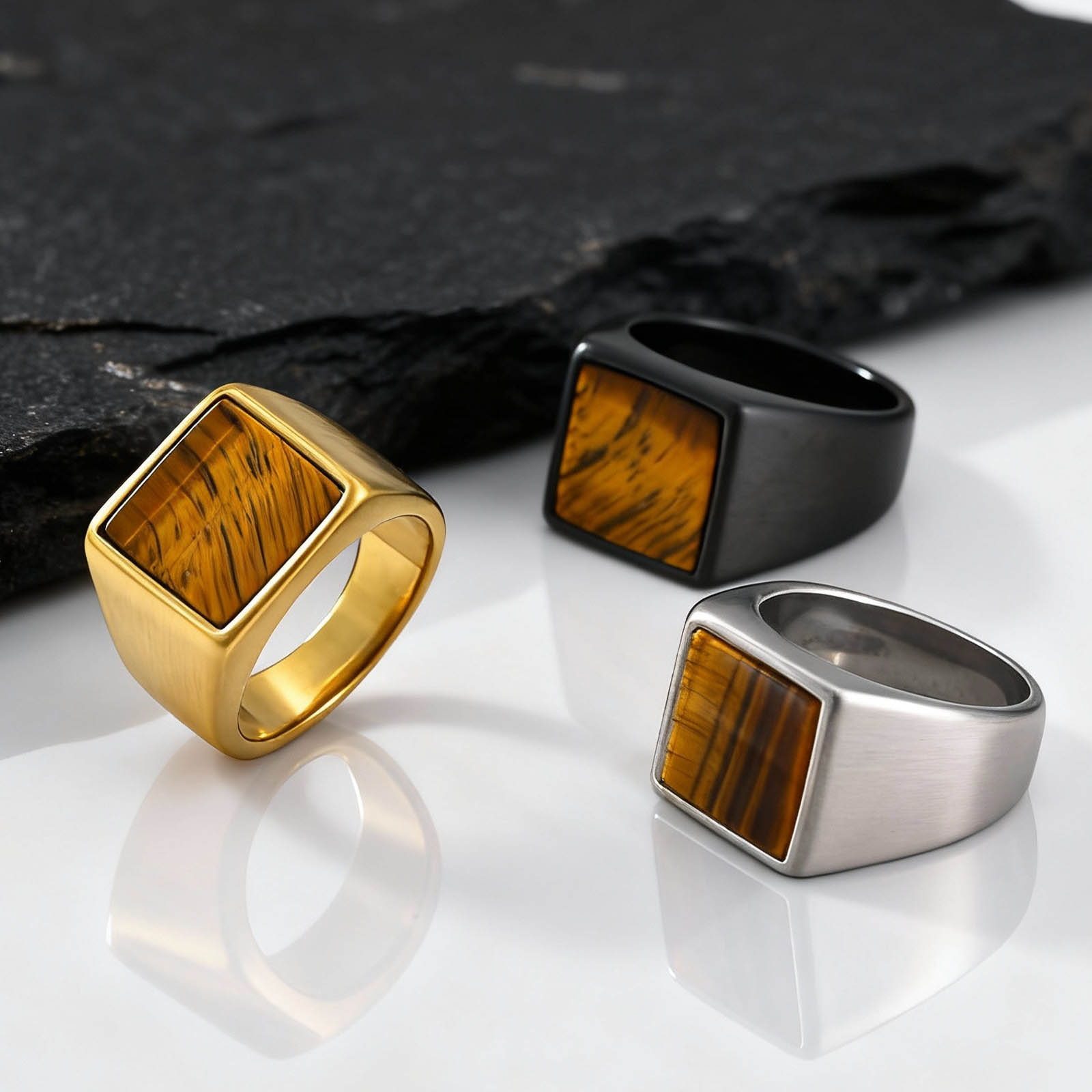 Mens Signet Ring - タイガーアイストーンリング メンズ ボーイズ用 ステンレススチール ブラウン 天然石