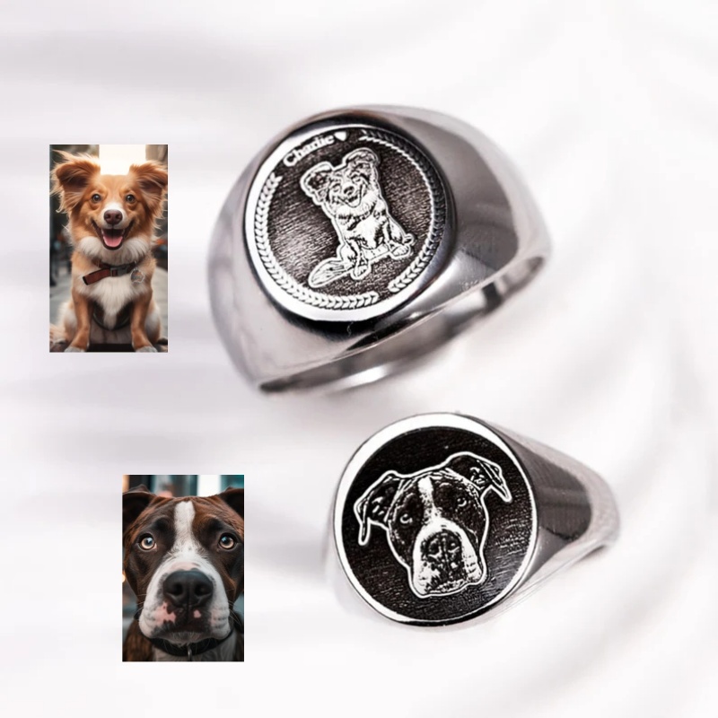 Mens Signet Ring - カスタム彫刻写真シグネットリング男性用パーソナライズされたステンレス鋼の結婚指輪男性ジュエリーパーティーギフトアクセサリー卸売