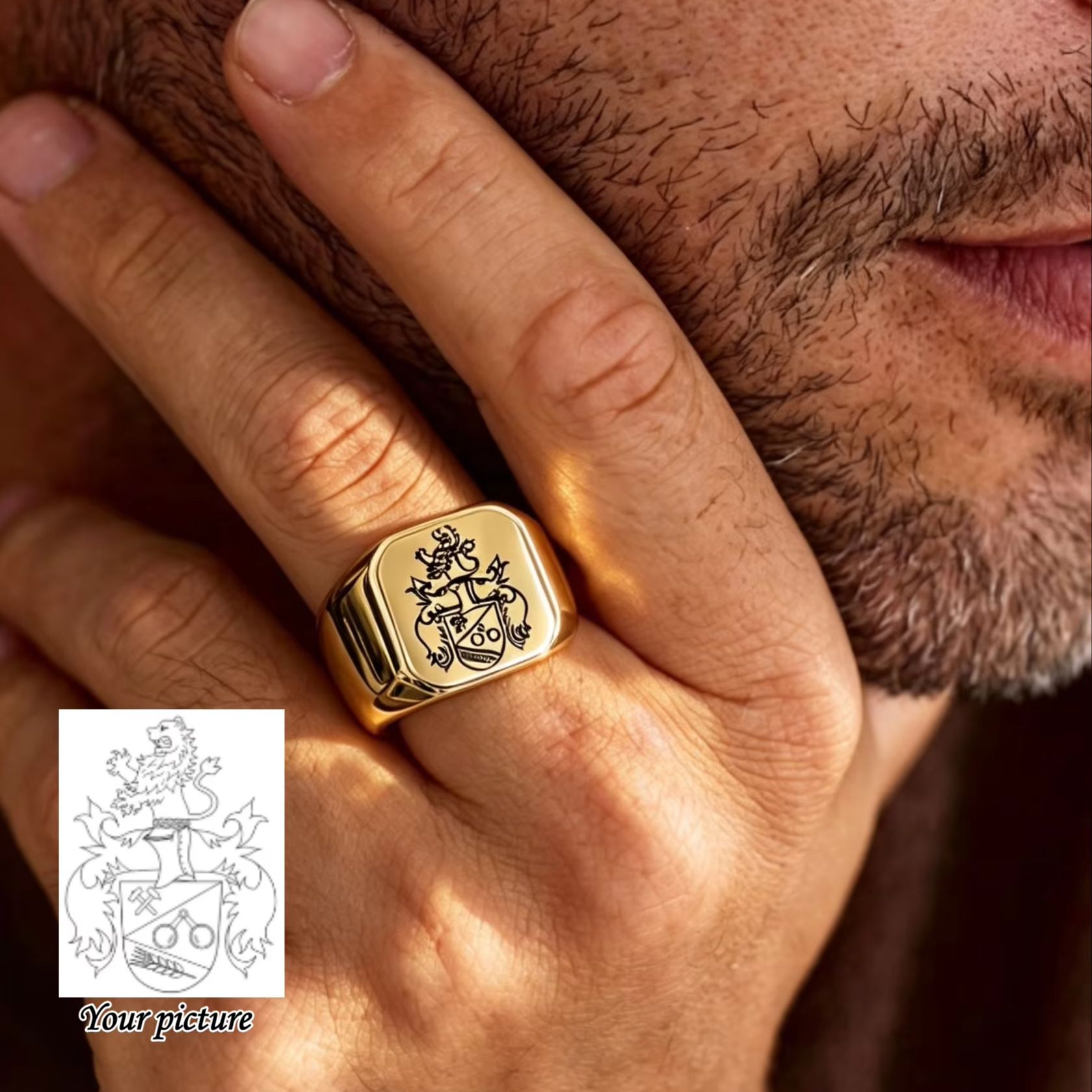Mens Signet Ring - カスタムファミリー紋章印台リング メンズ用 パーソナライズ ステンレススチール製 ファッションスクエア 刻印入り紋章