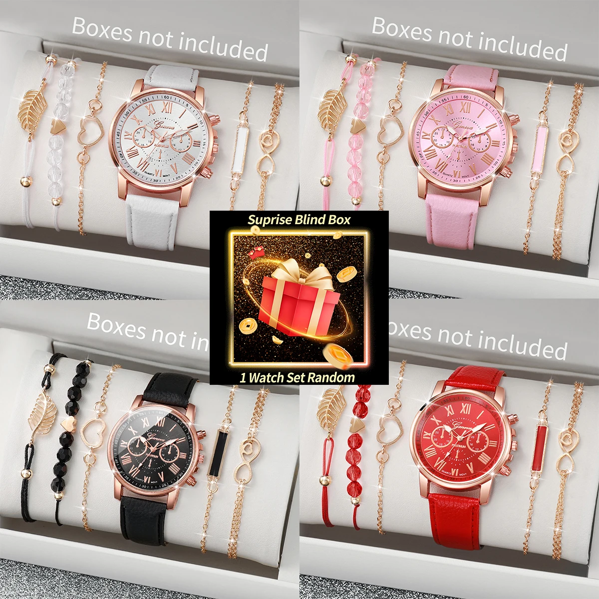 Jewelry For Watches - サプライズ・ブラインドボックス：レディース腕時計セット。ランダムに選ばれたジュネーブ製クォーツ腕時計＋ブレスレット4個。ファッション性の高い女性用アクセサリーのギフト。