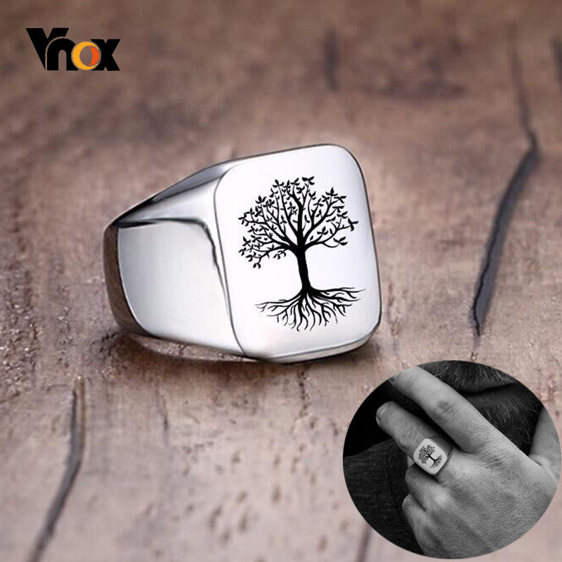 Mens Signet Ring - Vnox-男性用の生命の木が付いたパンクロックリング,パーソナライズされたジュエリー,印刷された言葉,ギフトのアイデア