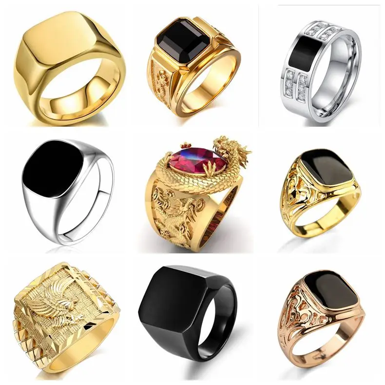 Mens Signet Ring - 男性用スクエアフィンガーリング,パンクスタイル,コレクション,ゴールドカラー,幅の広い,パーティーバイカーリング,卸売