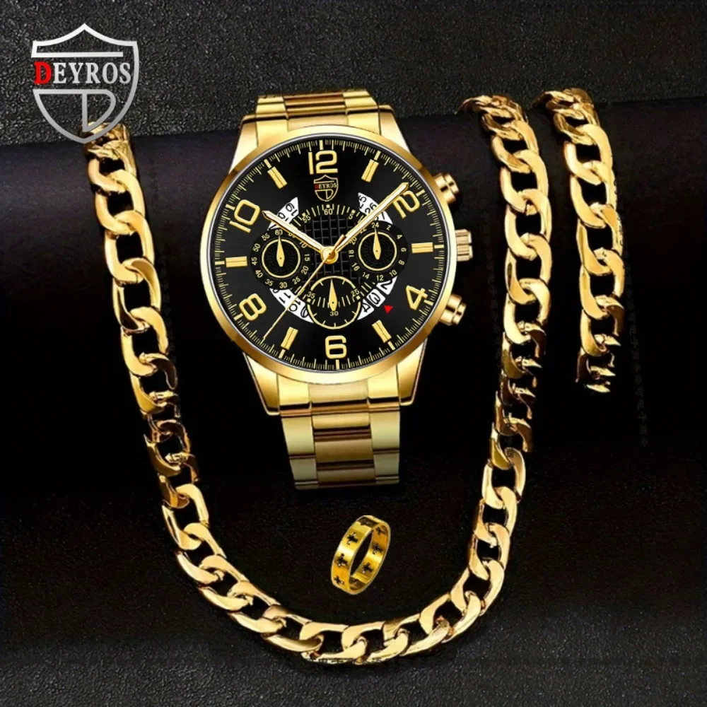 Jewelry Watches For Men - 4 ピース/セットメンズカジュアルウォッチ合金アナログ男性腕時計腕時計ブレスレットネックレスリングジュエリーセット - 最高のホリデーギフト