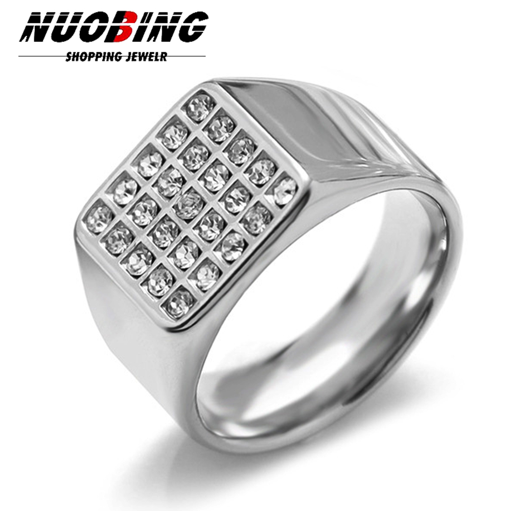 Mens Signet Ring - 14mm繊細な輝きのキュービックジルコニアシグネットリング メンズ スクエアステンレススチールフィンガーバンド ゴシックパンクロックボーイスタンプジュエリー