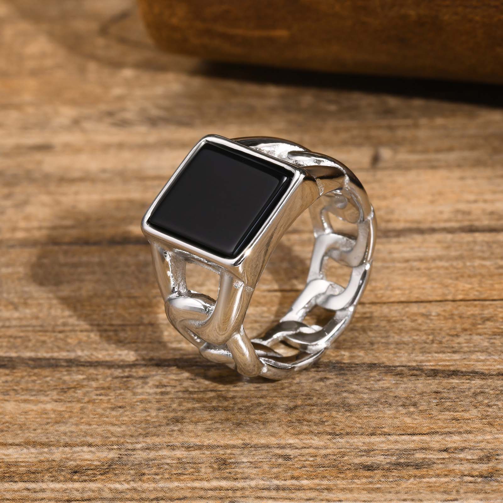 男性用の正方形と黒の石の記章,防水ステンレス鋼のチェーン,フ - Mens Signet Ring のレビューと価格