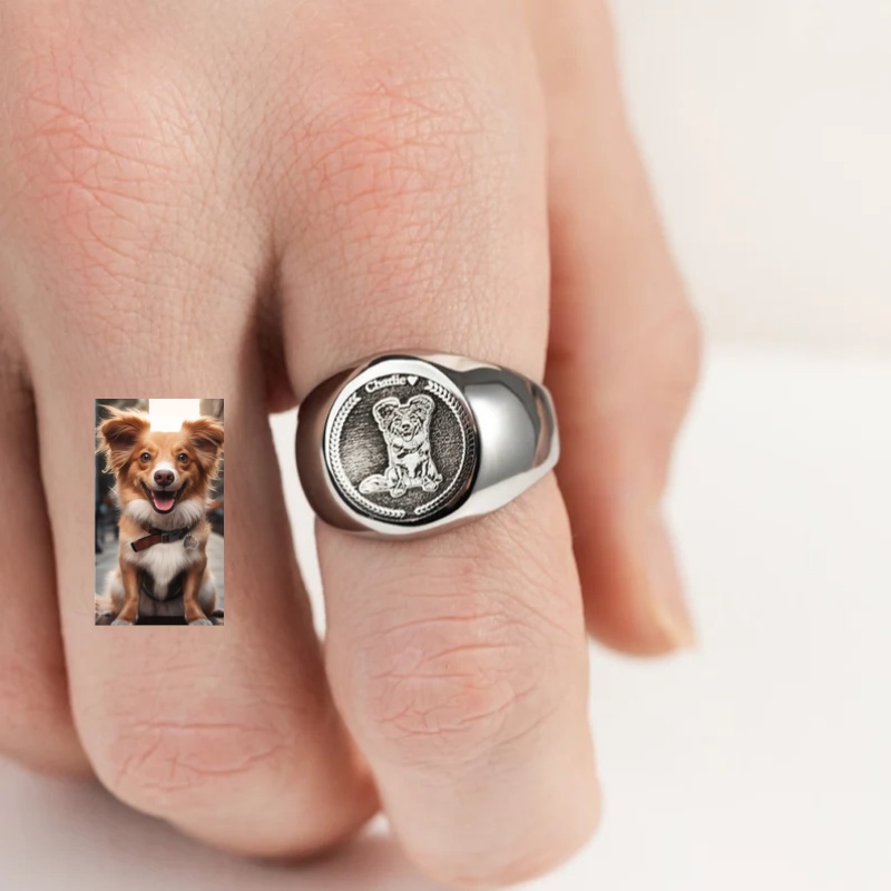 カスタム彫刻写真シグネットリング男性用パーソナライズされたス - Mens Signet Ring のレビューと価格