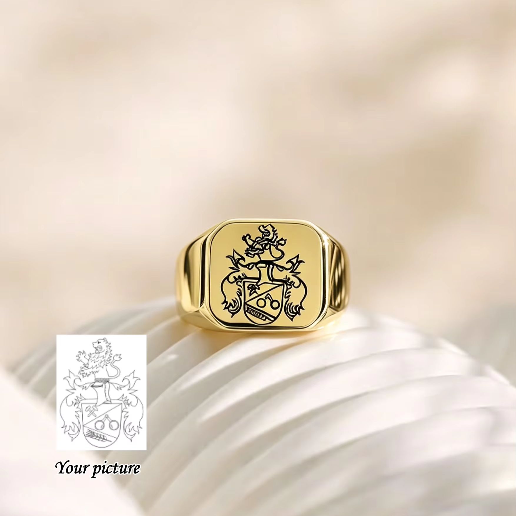 カスタムファミリー紋章印台リング メンズ用 パーソナライズ  - Mens Signet Ring のレビューと価格