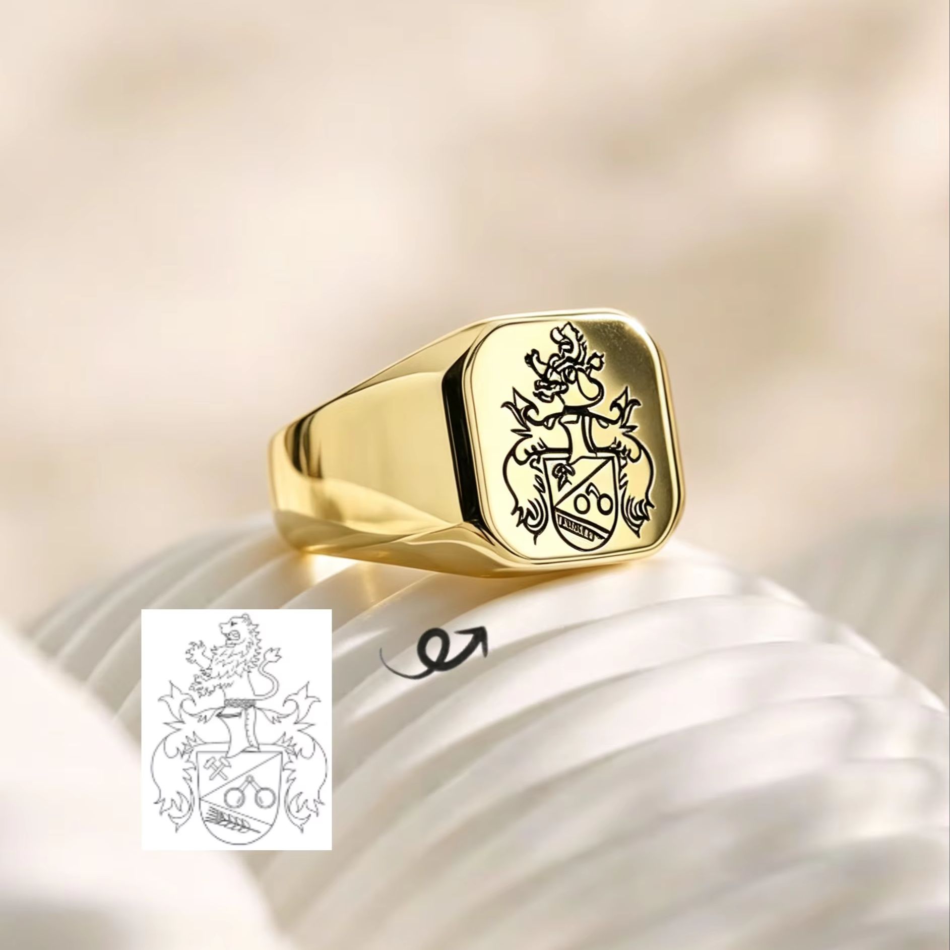 カスタムファミリー紋章印台リング メンズ用 パーソナライズ  - Mens Signet Ring のレビューと価格