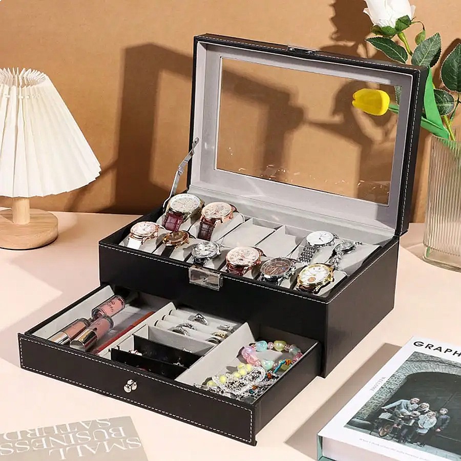 引き出し付きの12個収納可能な腕時計ボックス。高級感のあるレ - Jewelry Watches For Men のレビューと価格