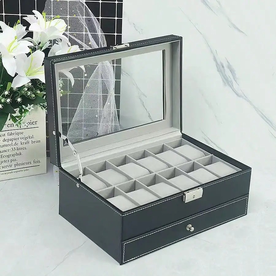 引き出し付きの12個収納可能な腕時計ボックス。高級感のあるレ - Jewelry Watches For Men のレビューと価格