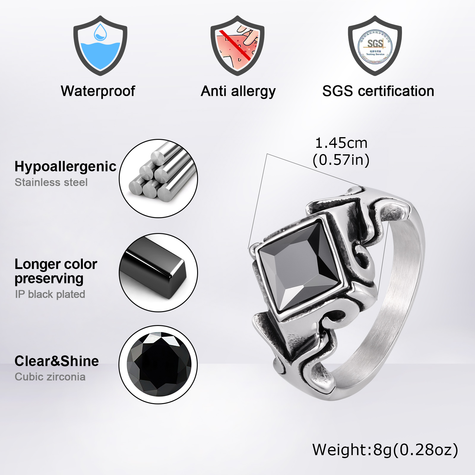 ヴィンテージブラックジルコンリング、男性用、女性用、ステンレ - Mens Signet Ring のレビューと価格