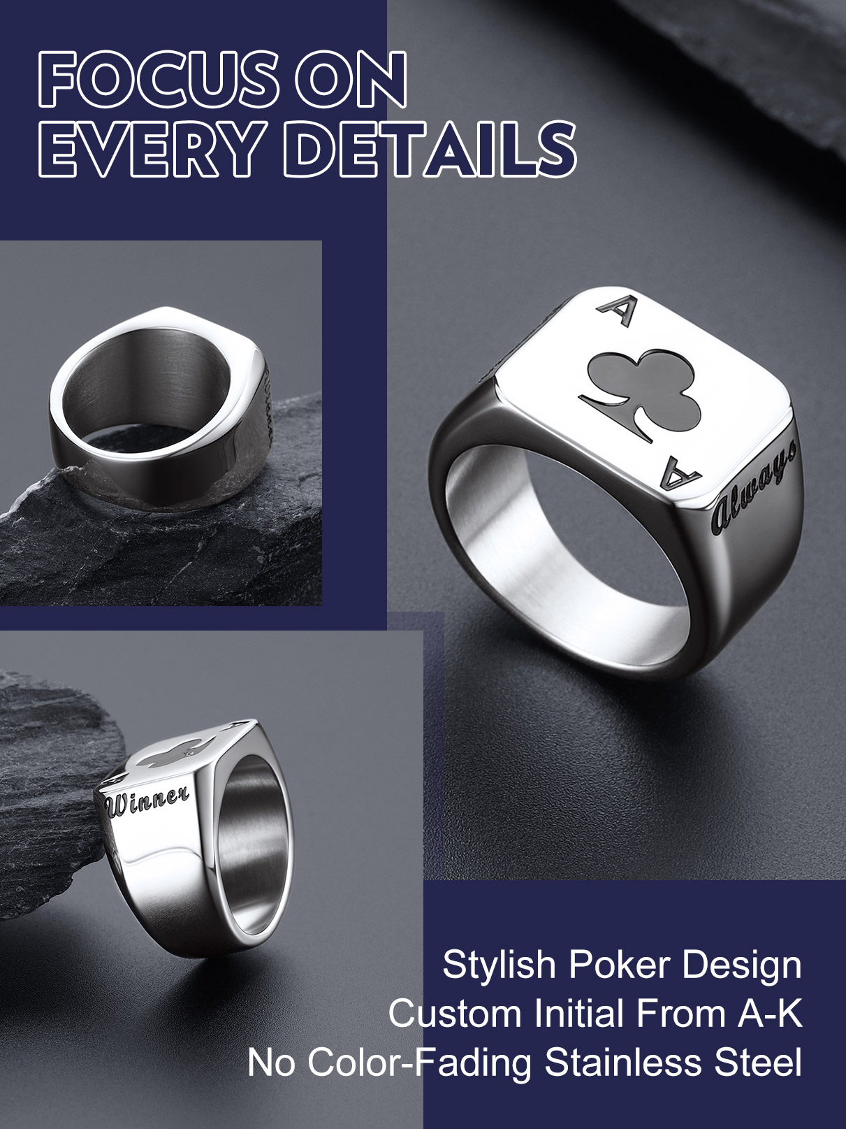 U7 カスタマイズされた正方形長方形ステンレス鋼ポーカーカー - Mens Signet Ring のレビューと価格